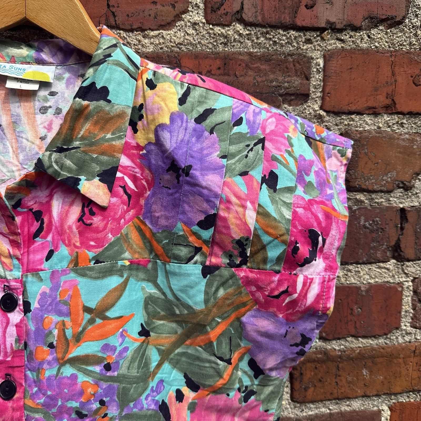 Vintage Sea Suns Vibrant Floral Watercolor Blouse Tie Waist Shoulder Pads 80s