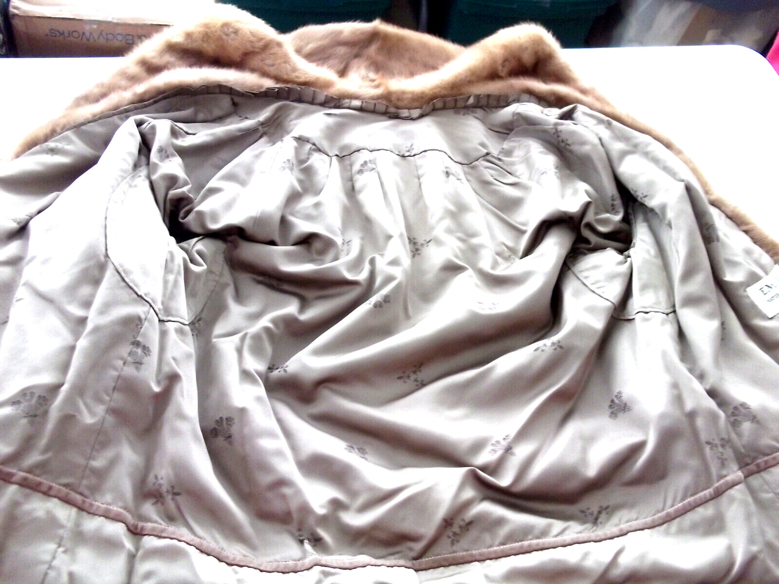 Vtg USA 60s EMBA Pastel BN MINK Emb Satin LD 3/4 Slv Pks Col 2 H&E JACKET/Sz M/L