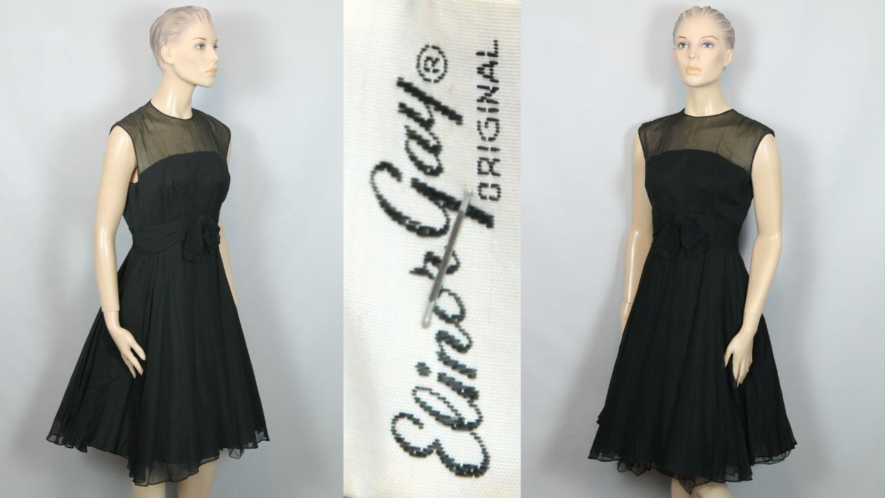 Vtg 50s ELINOR GAY Original Black Layered Chiffon Evening Cocktail Dress Gown