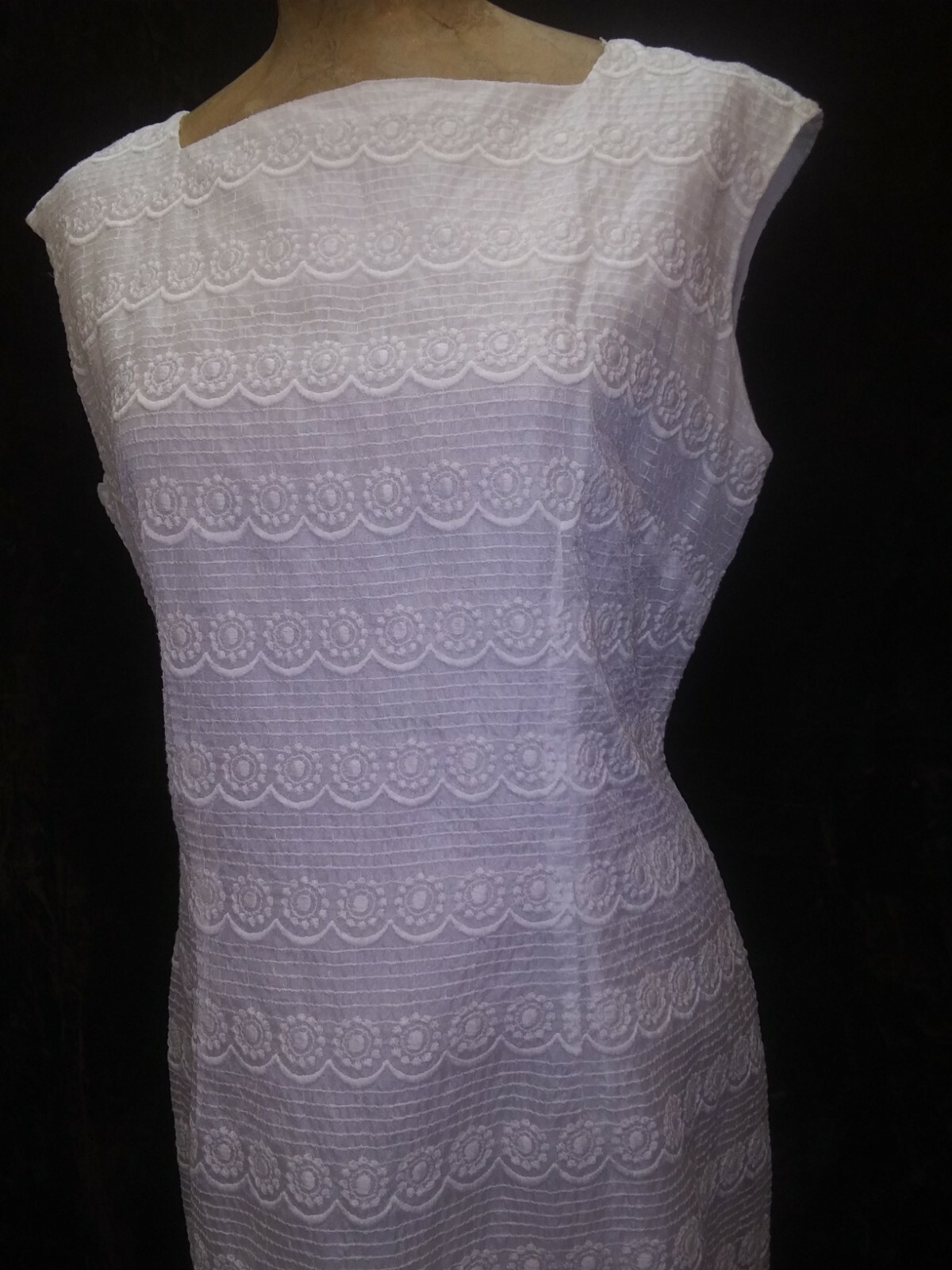 Vintage 1960’s White Embroidered Cotton Shift Sundress by Alice Size Medium