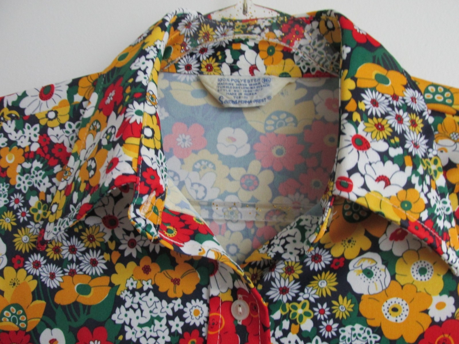 1970s Mod Flower Power Daisies Woman’s Sz 16 Shirt Pointed Collar Button Cuffs