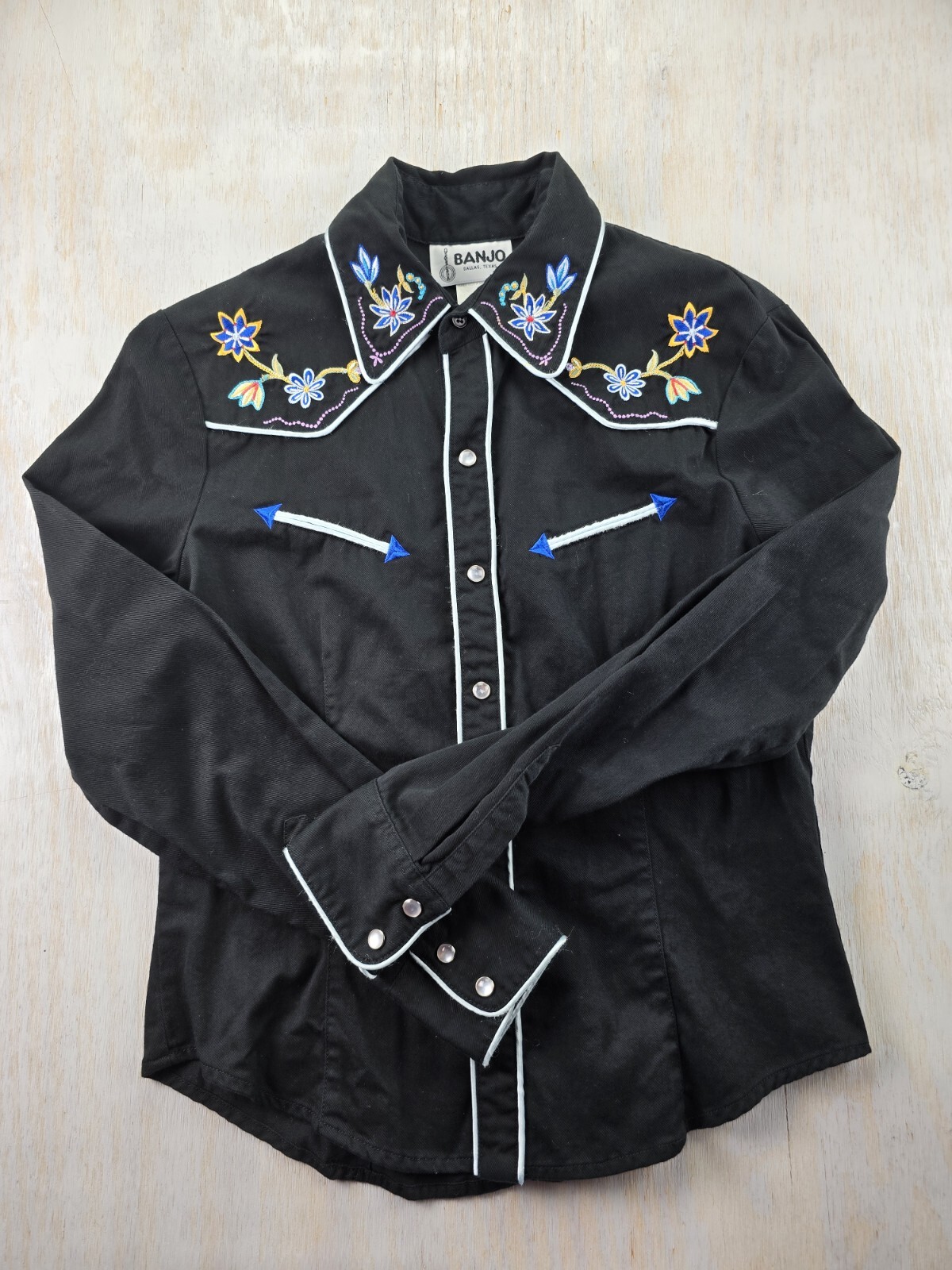 VTG Banjo Floral Arrows Black Western Sz M Women’s Shirt Rodeo Dallas Texas USA
