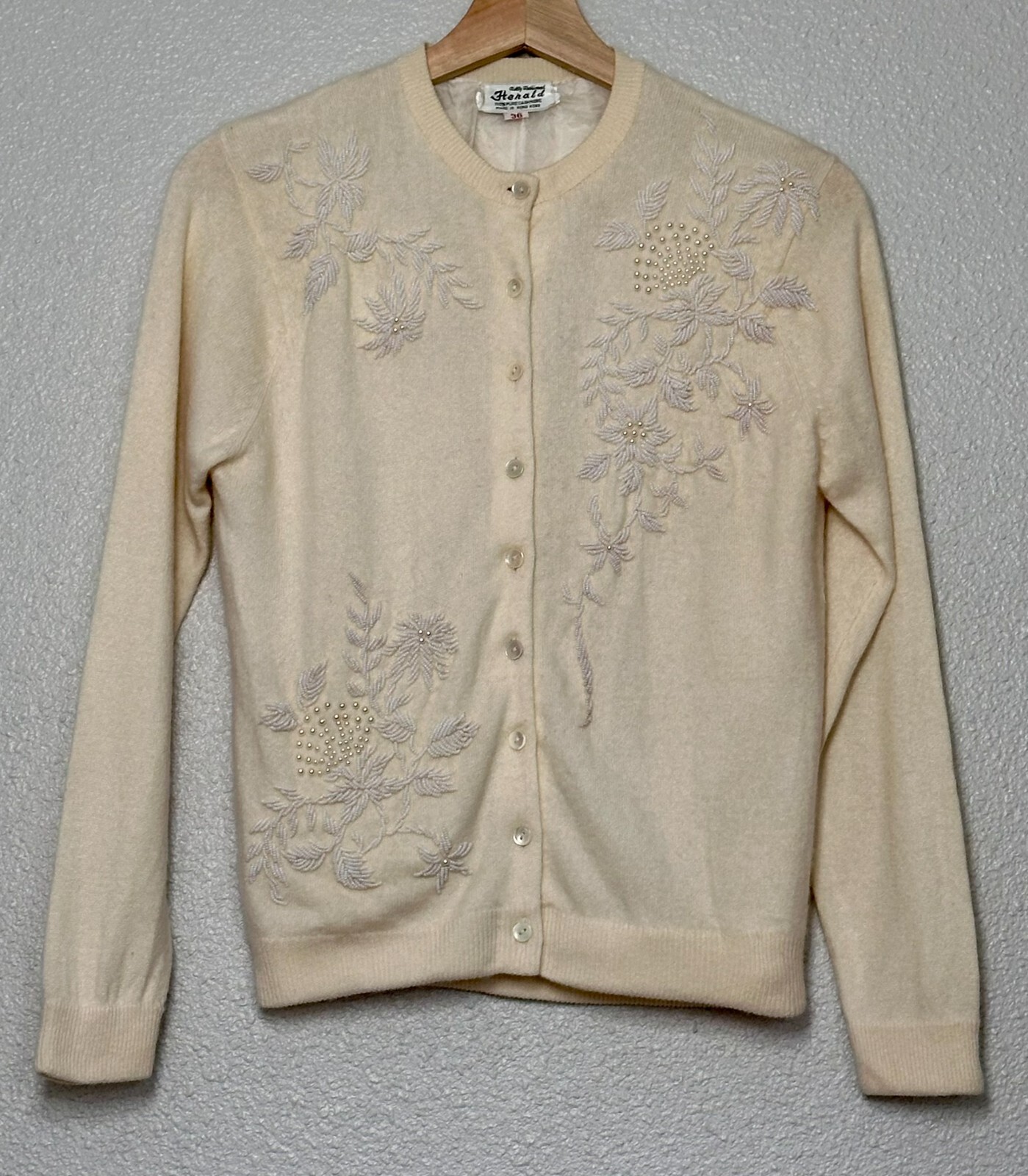Vintage Fully Fashioned Herald Cashmere Ivory Cardigan w/ intricate floral beads