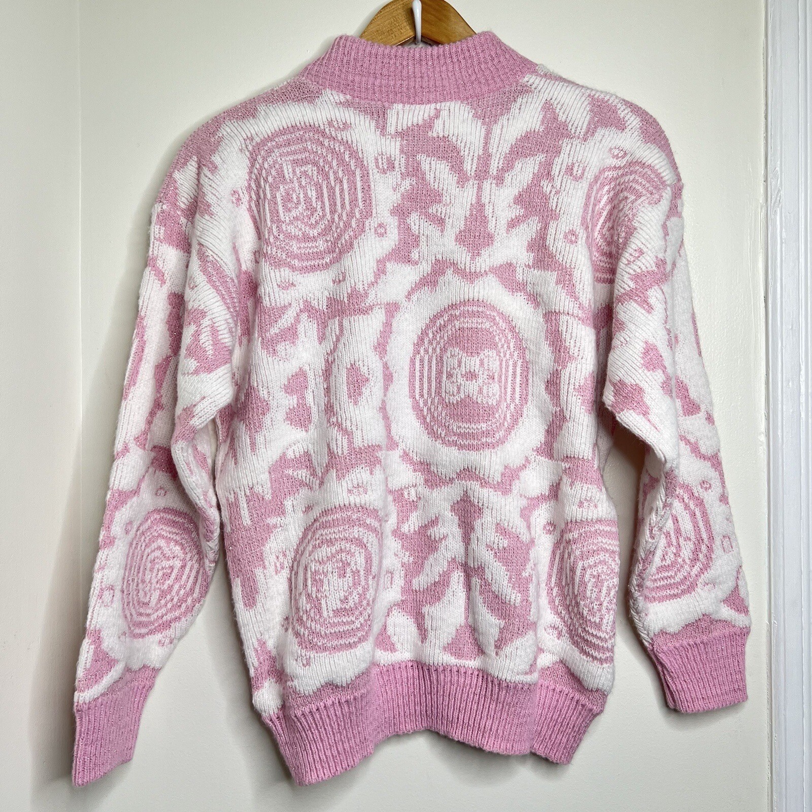Vintage 80s 90s Cheryl Pink & White Geometric Sweater Approx Large Fairy Kei