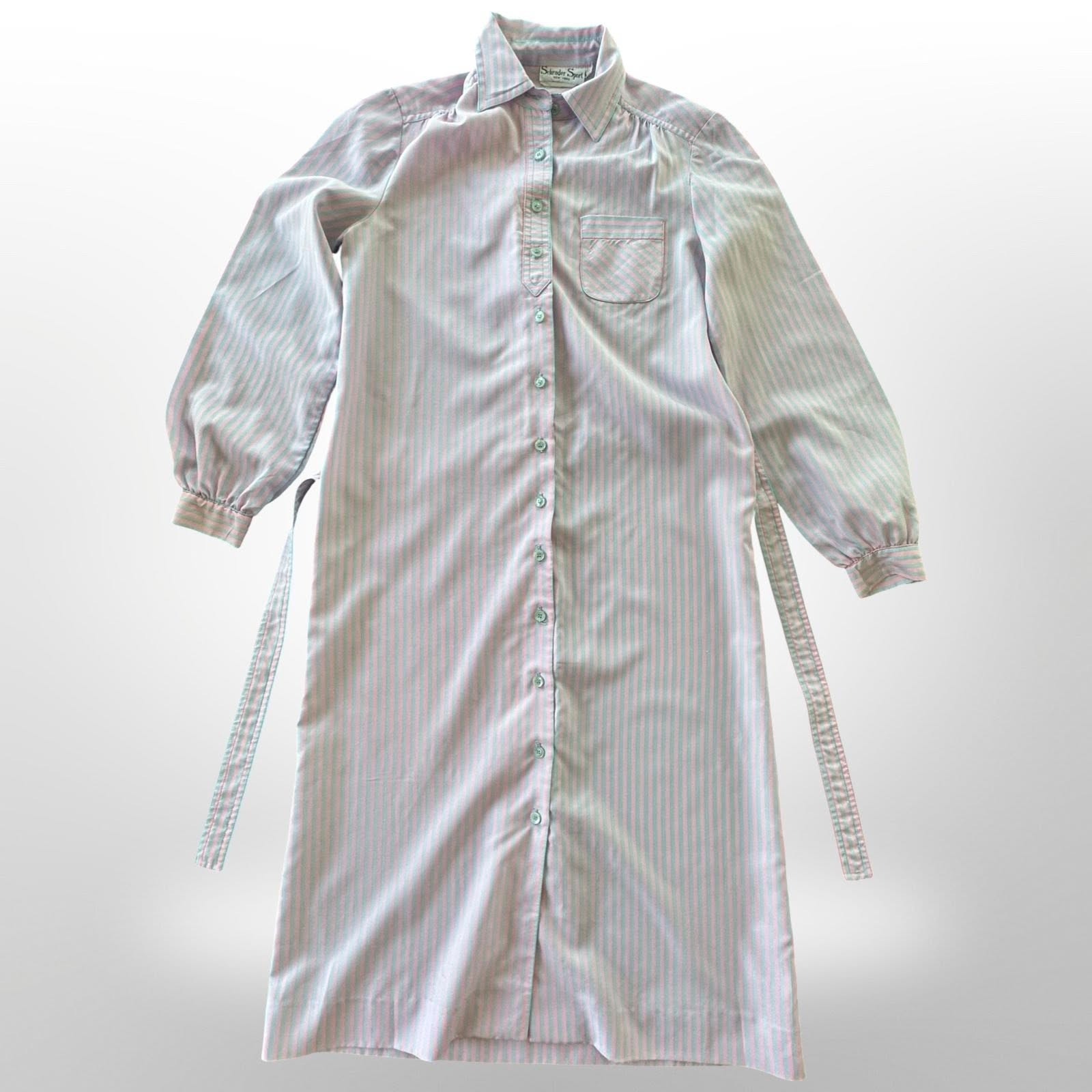 Vintage Shrader Sport Stripe Shirt Dress Pink Blue ILGWU Tie Waist S