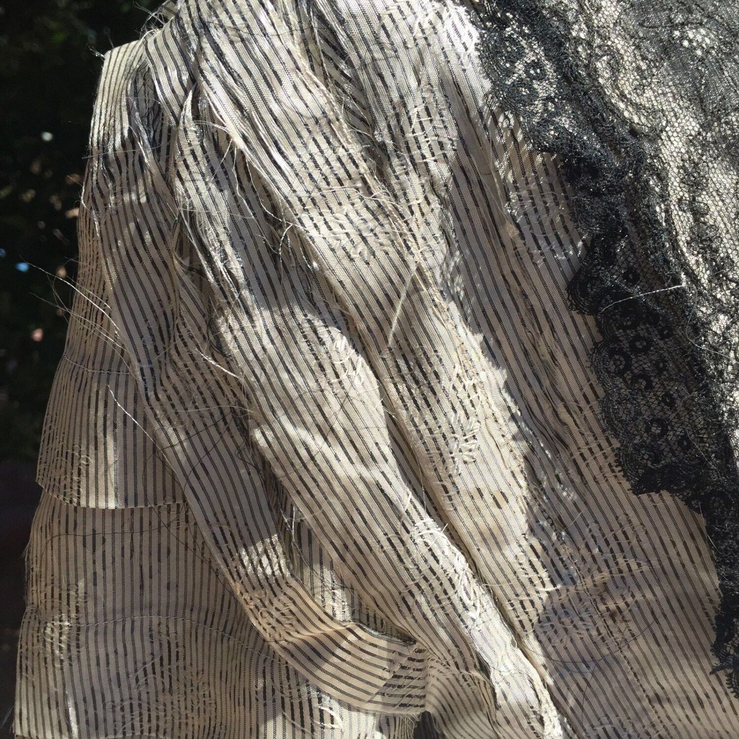 Antique Victorian Day Dress Bodice Cream Silk Black Lace Boned Blouse DAMAGED