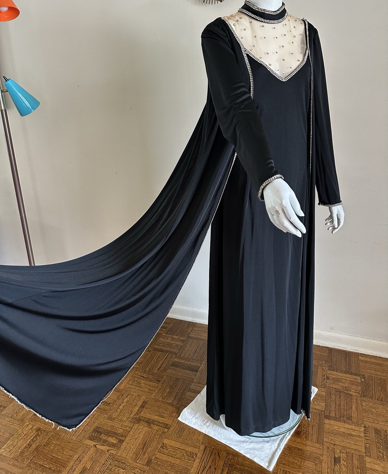 1970s Custom Opera Stage Recital Gown Costume Shoulder Cape Rhinestone Dress VTG