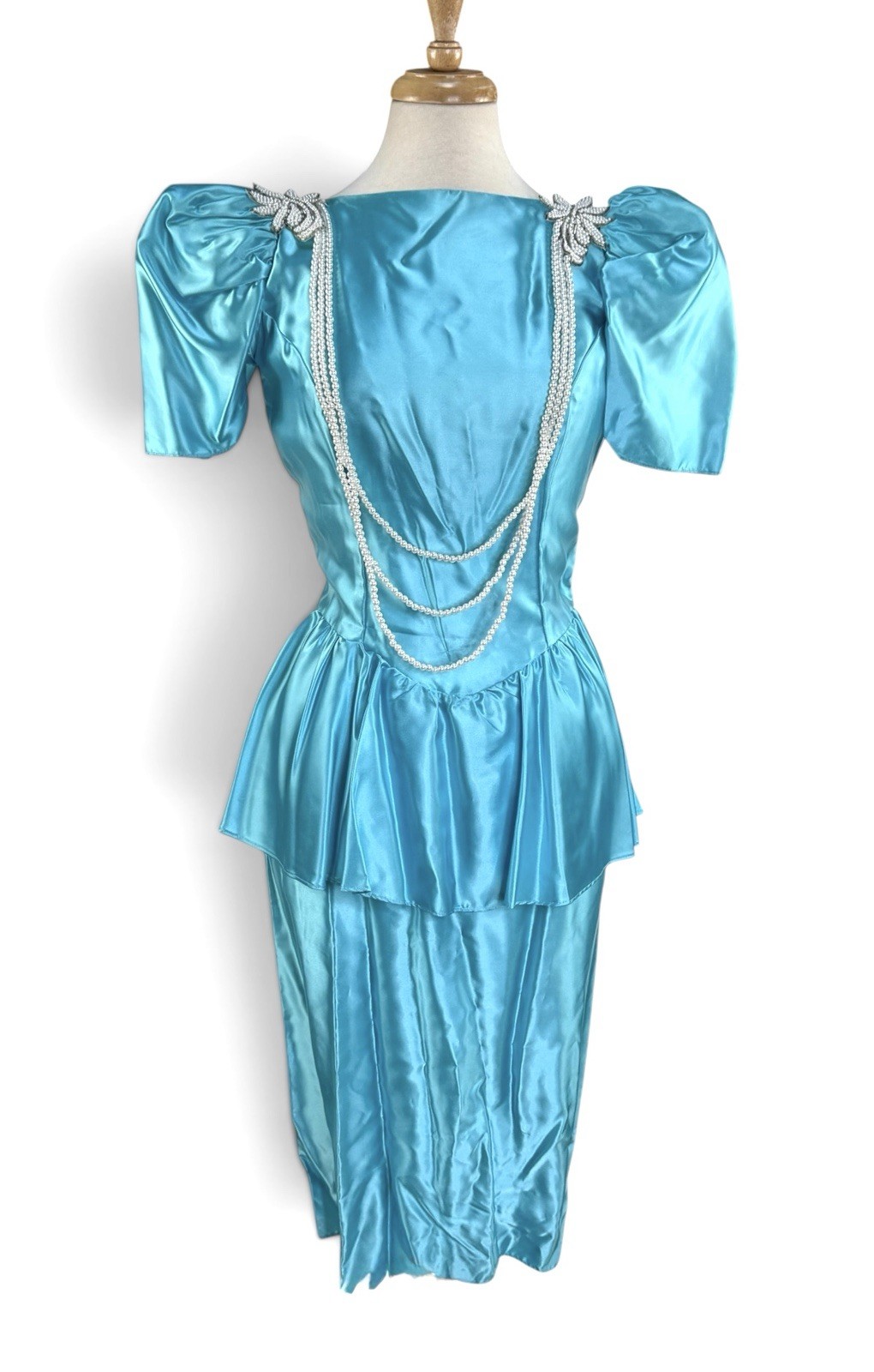 VNTG 80s Alfred Angelo Blue Satin Gown Dress Puff Sleeves Appliqués Faux Pearl