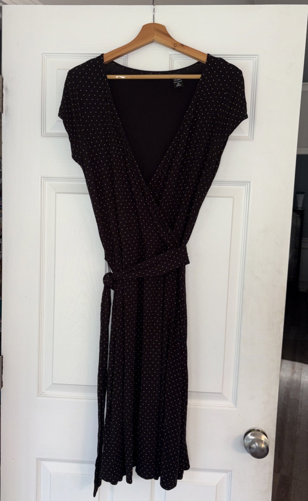 Vintage New York & Co Black and White Polka Dot Wrap Dress Soft Knee Length