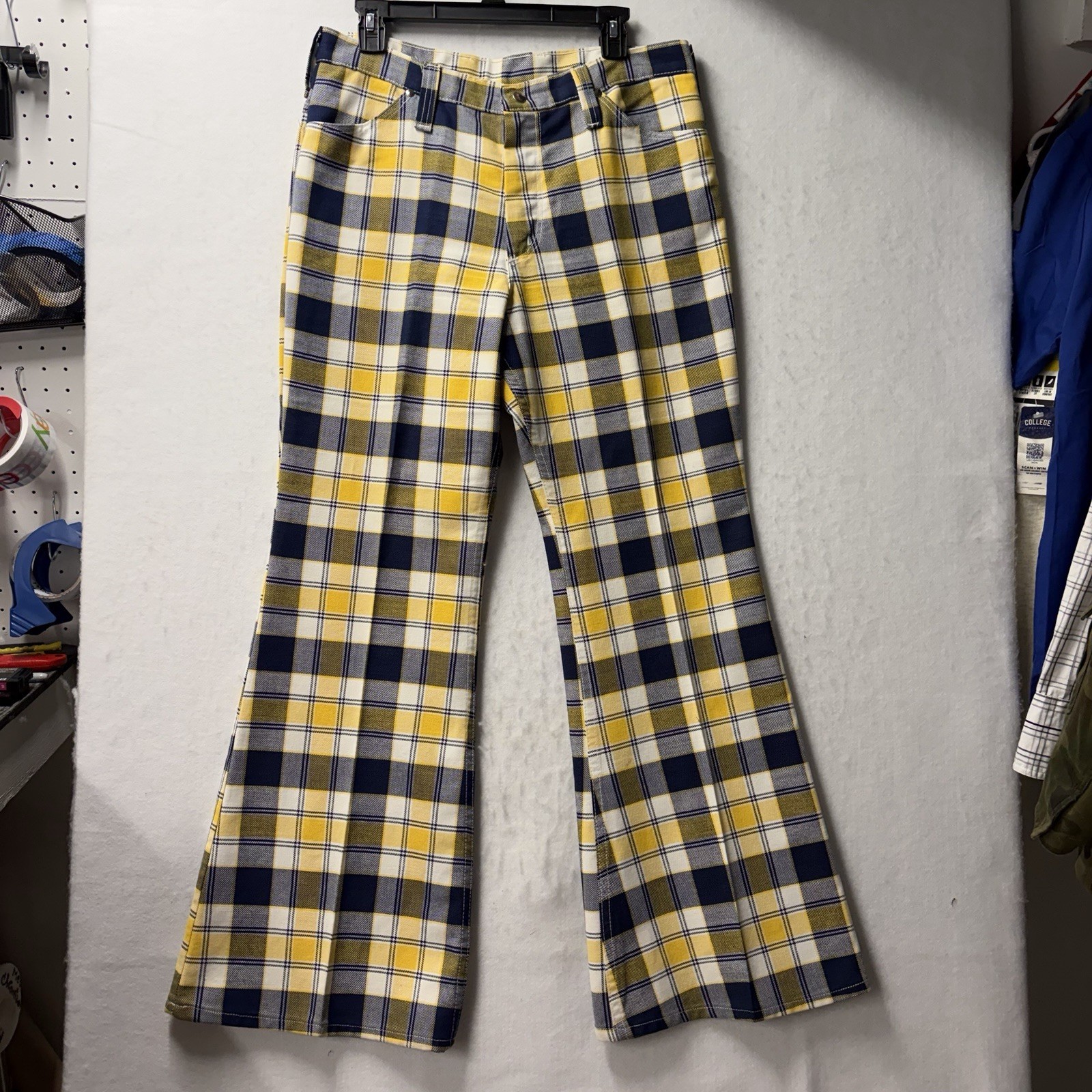 Vintage 70s Maverick Bell Bottom Blue Yellow Plain Jeans Pants Size 15/16