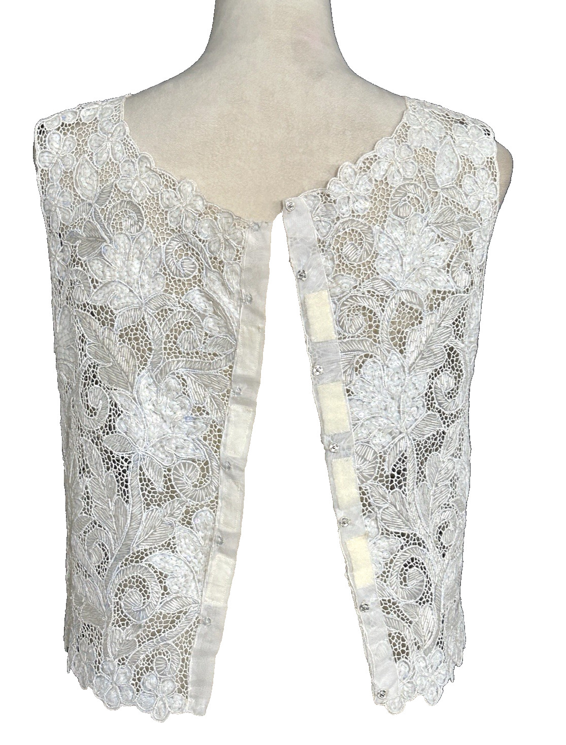 Vintage Hand Finished Floral Sequined White Silver Beaded Lace Applique Top