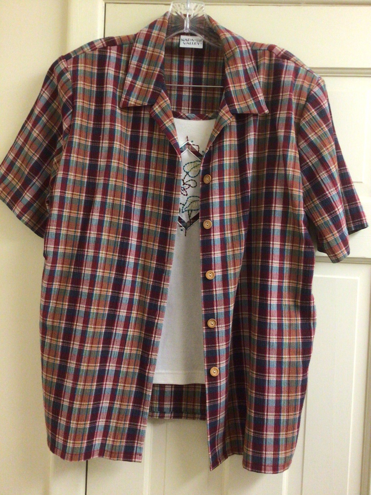 Napa Valley Women Med Blouse 2-in-1 Top Beige Plaid Red Green Embroidery Vintage