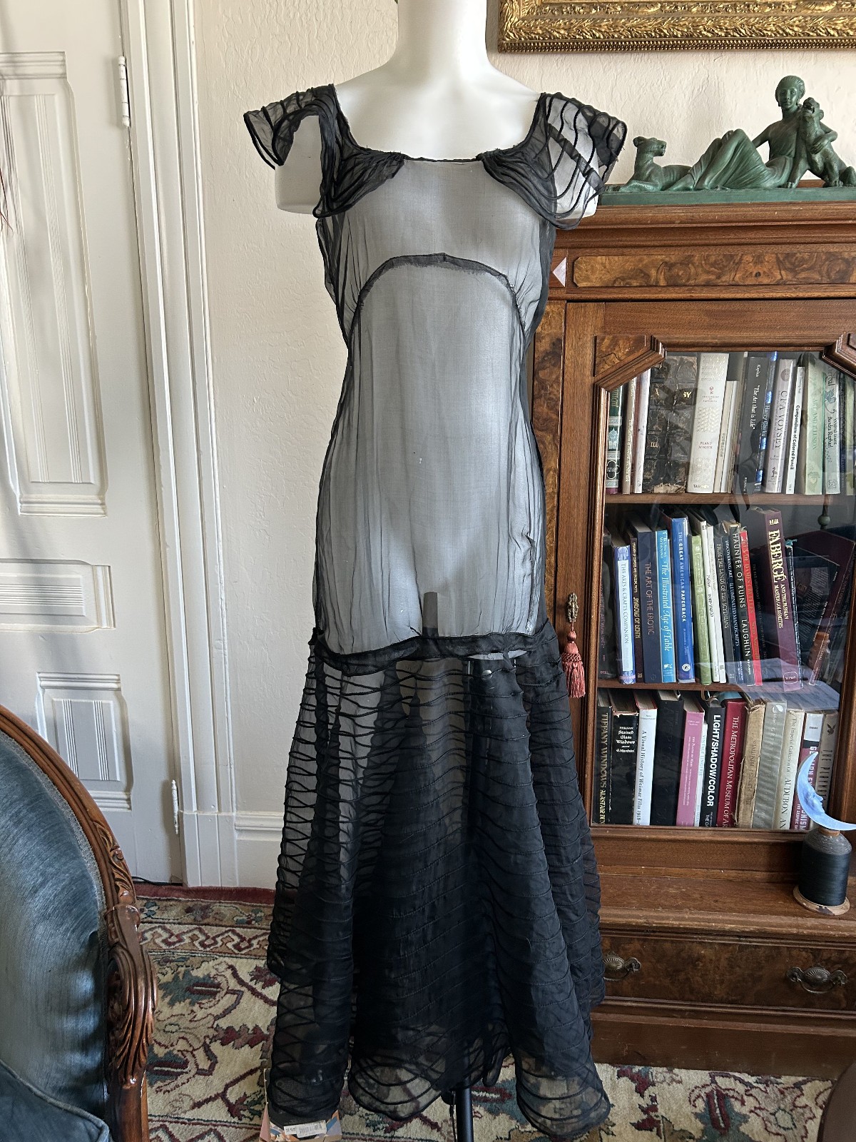 Vintage 1930s Sheer Black Mesh Net Gown Dress Bolero Set Bias Cut Deco Maxi S/M