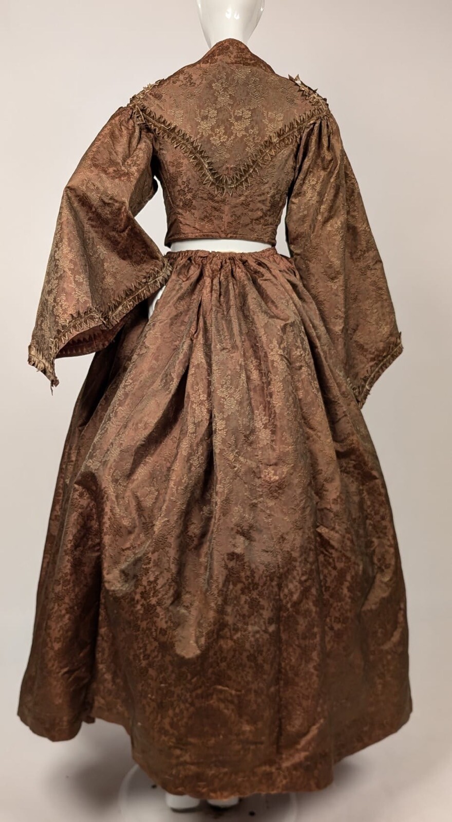 CIVIL WAR ERA 1860’S FIGURED SILK DRESS W VELVET TRIM + OVERSIZED PAGODA SLEEVES