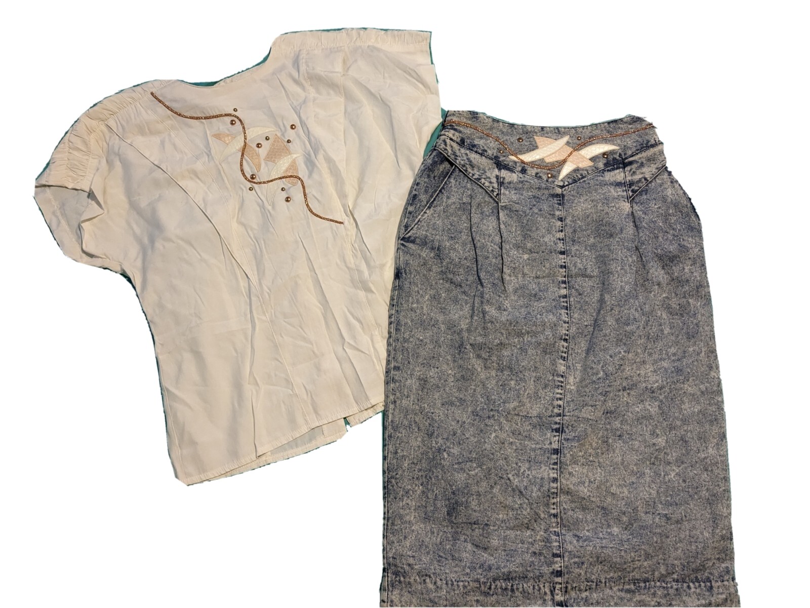 Vintage Marie St. Monet Patchwork Blouse Sz 8 Acid Washed Denim Skirt Sz 6 1980s