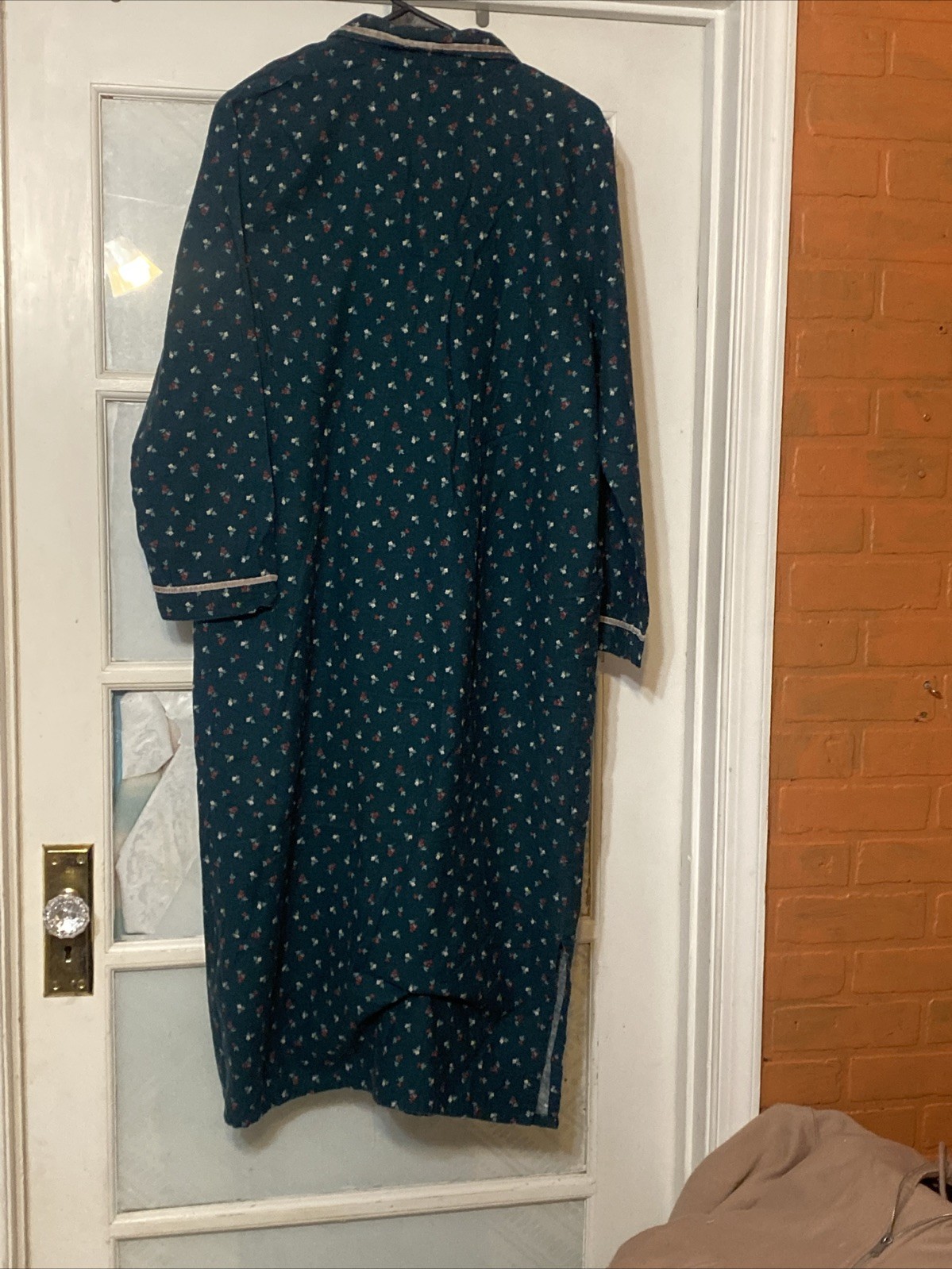 Vintage Cotton Flannel Nightgown Green Red Floral Large