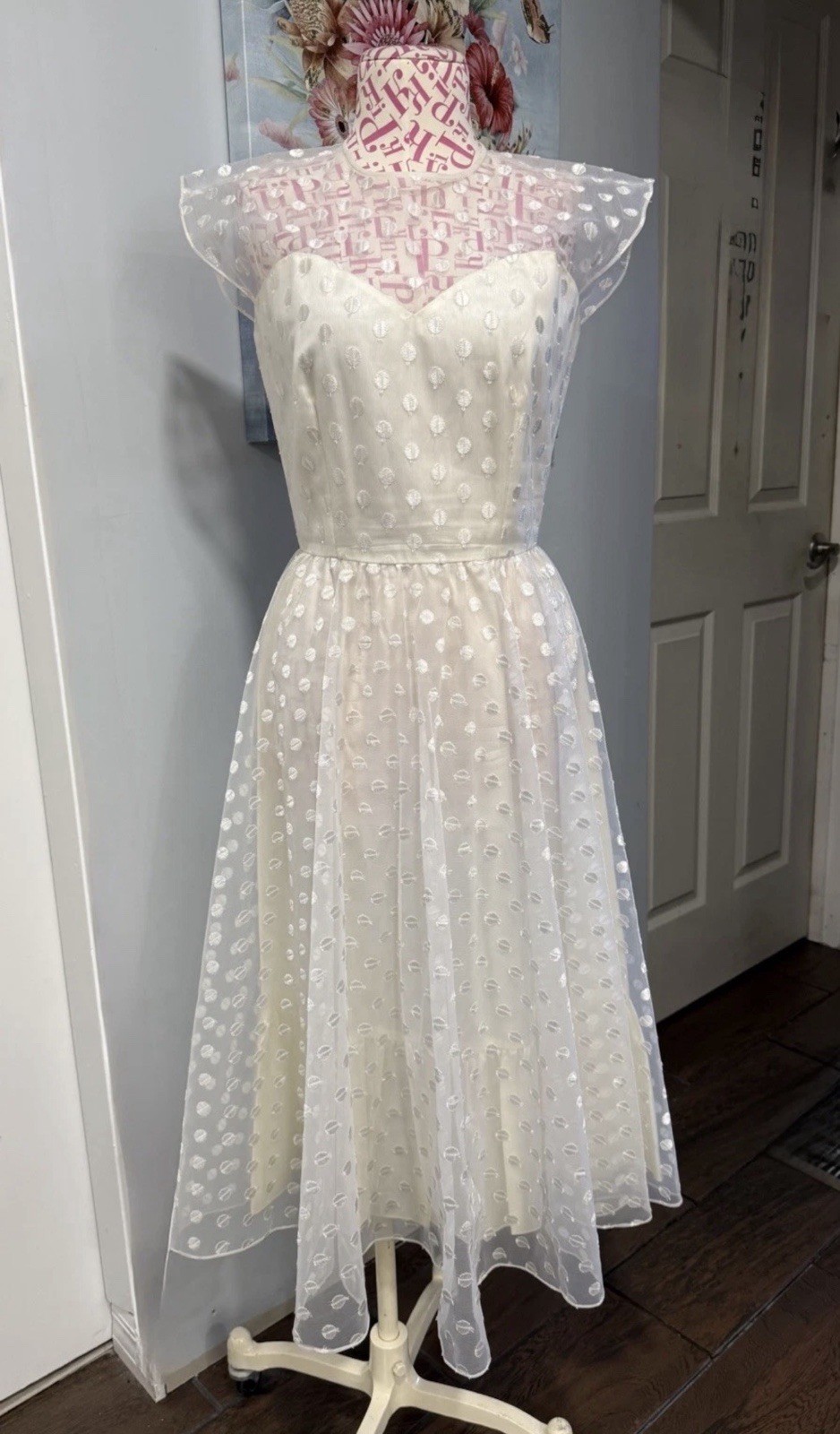 1950s Warren Petites Ivory Polka Dot Tulle Illusion Dress Tea Length Size 6