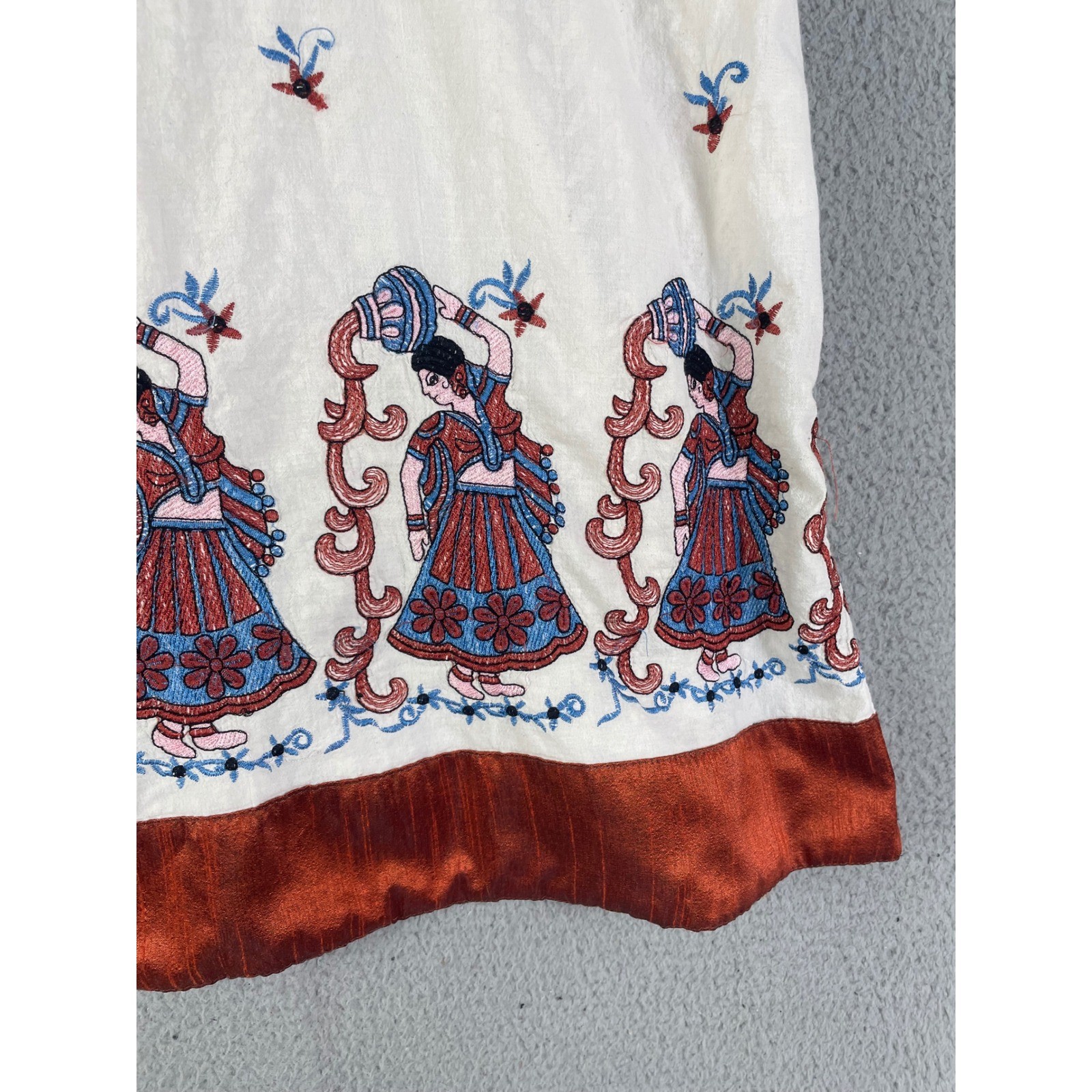 Vintage Hand Embroidered Boho Tunic Dress Cream Rust Blue V Neck Cottagecore