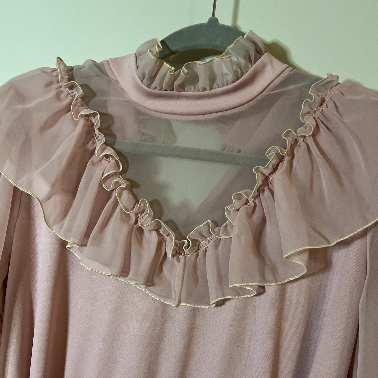 VTG 1970s Riccardo Pink Chiffon Ruffle Prairie Dress FLAWED