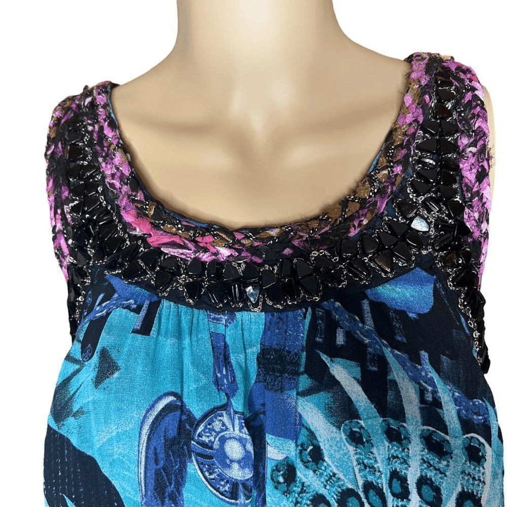 Custo Barcelona Silk Blend Beaded Tunic Dress Abstract Print Blue Size 36 XS (08