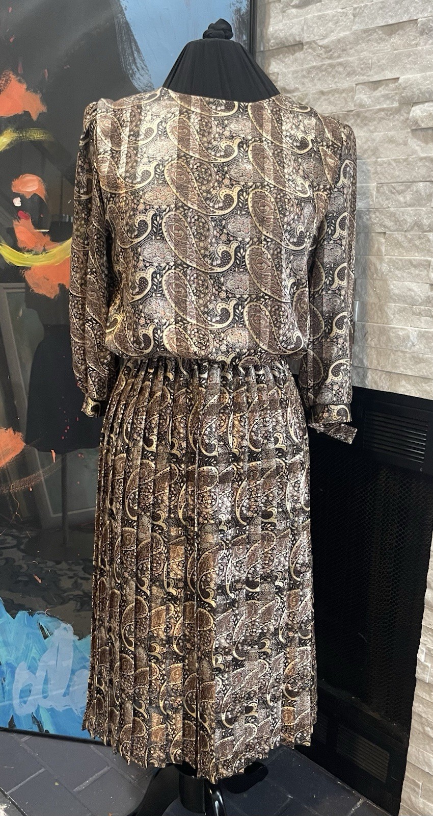 VTG Damon Brown Paisley Pleated Dress Preppy Satin Size 10 Midi 1980s Career
