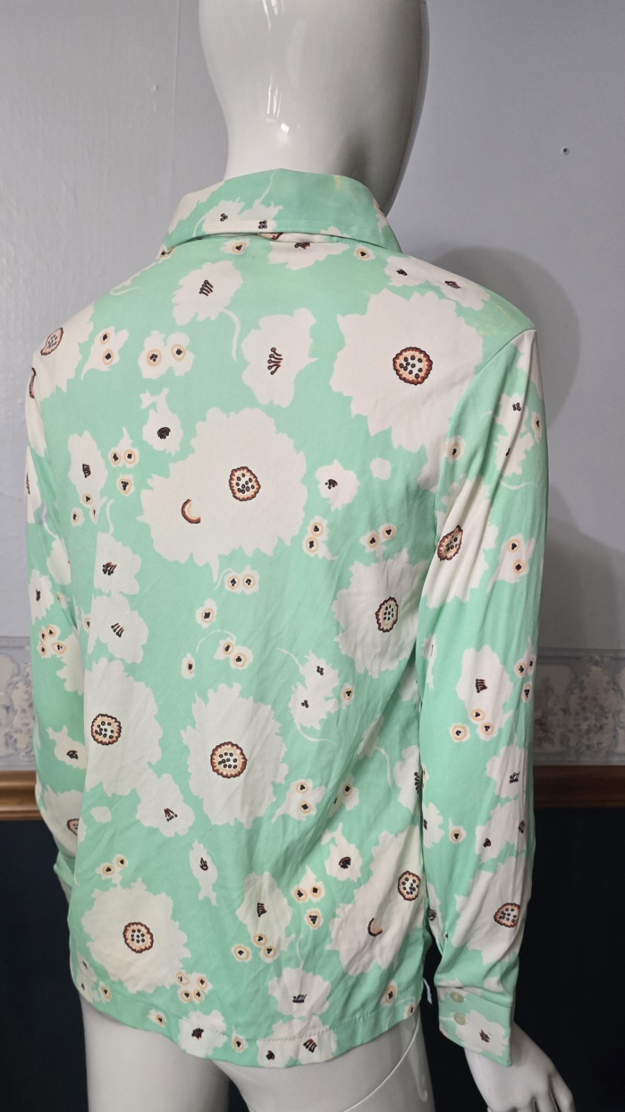 70s Mint Green Floral Disco Shirt Dagger Collar Fits Modern XS/S (Tagged L)