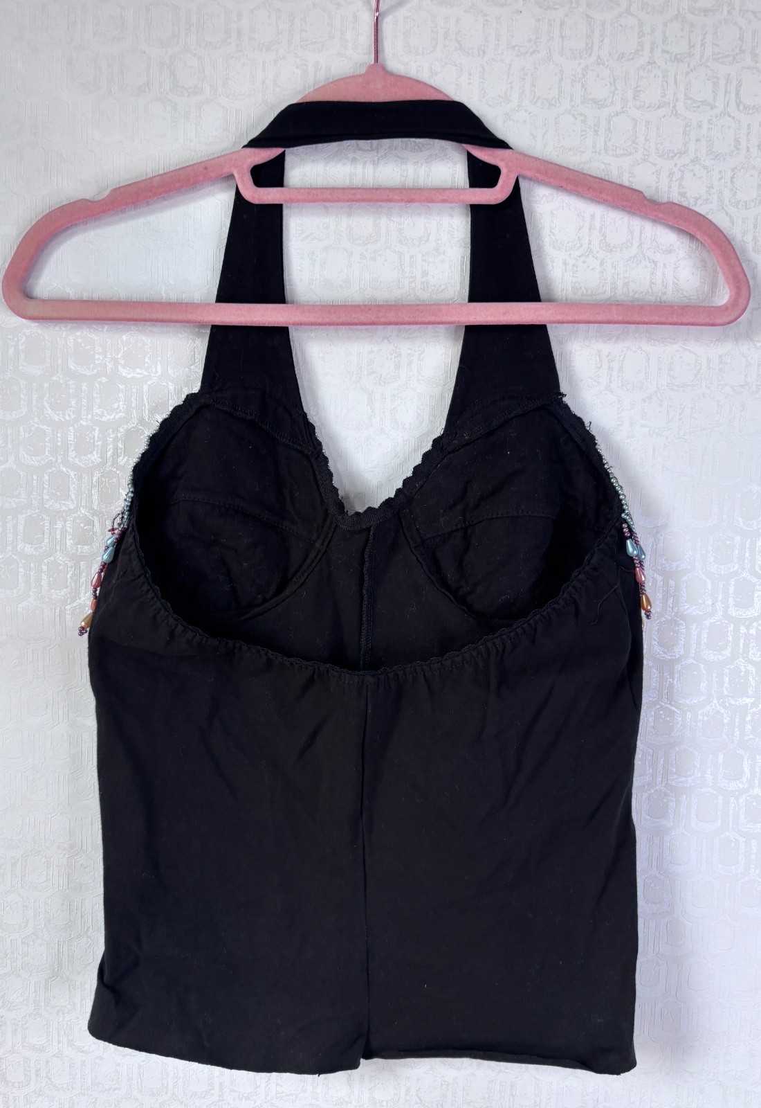 VTG Y2K BLACK PINK SEQUIN&FRINGE BEADED EMBELLISHED CAMI CROPPED TANK TOP*XS/S