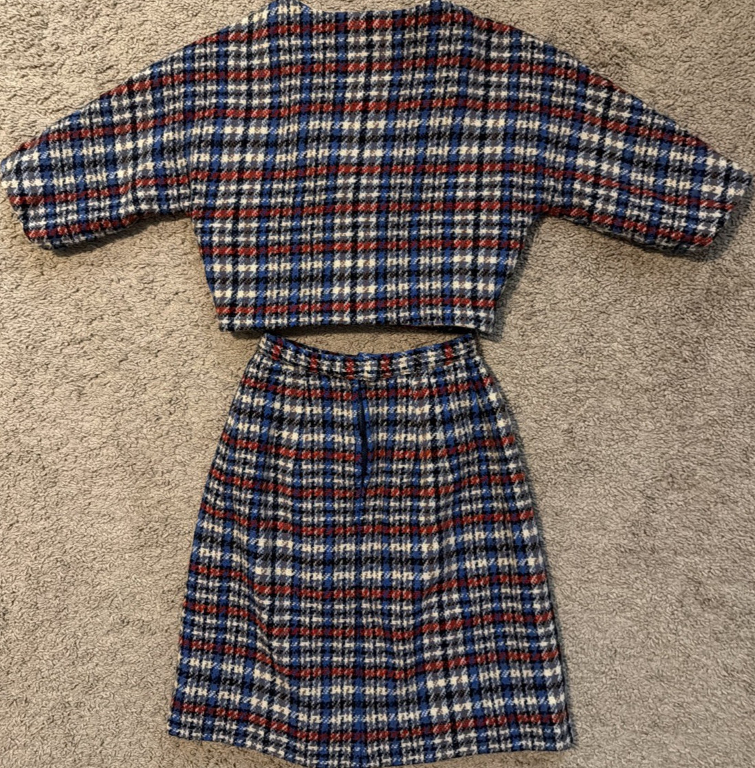 Vintage 1960s Handmade Wool Tweed Skirt Suit Set XXS 00 Cropped Boxy Jacket