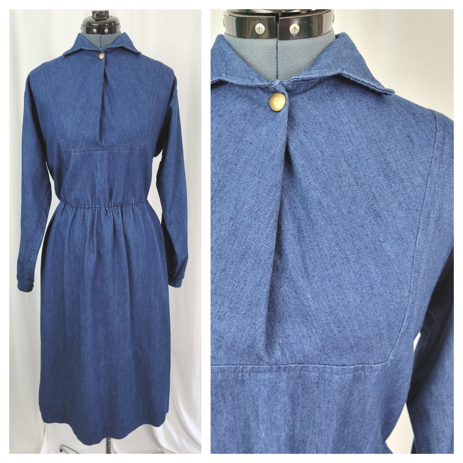 Vintage Impromptu Denim Dress w Snap Gathered Bib & Elastic Waist Size 9/10