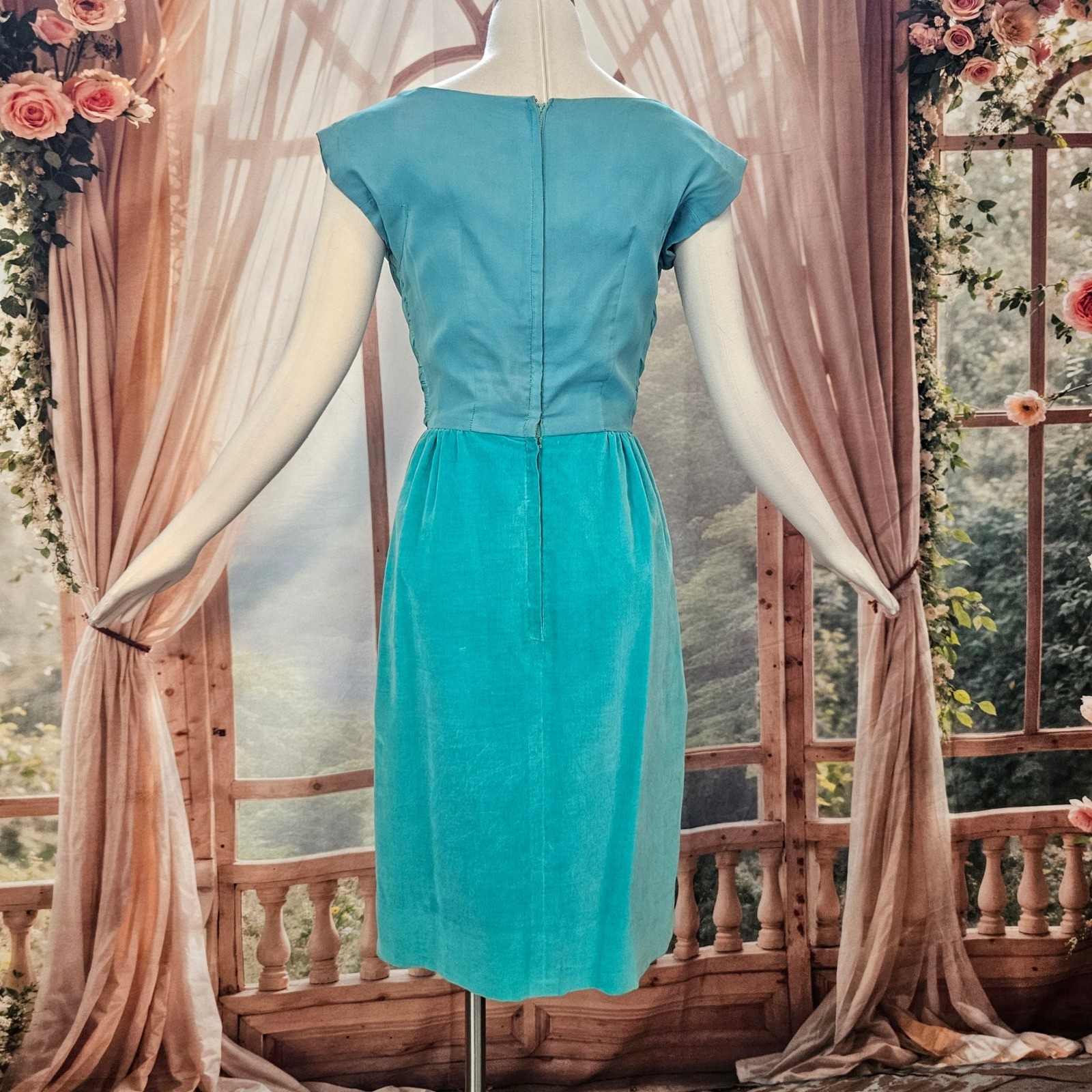 Vintage 1950s Dress Jay Herbert California Teal Ruched Draped Cocktail Formal
