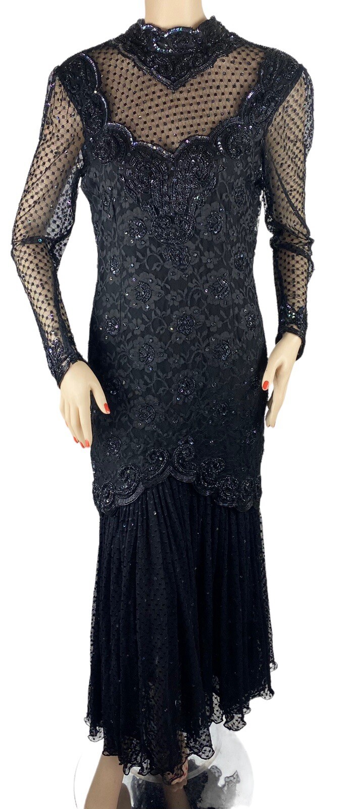 Vintage JUDITH ANN Creations Black Beaded Prom Formal Dress Gown S 80s 90s