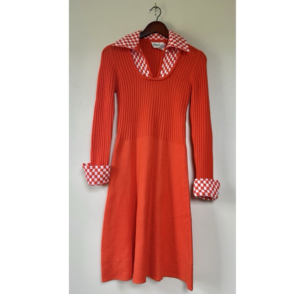 VTG 60s/70s International Boutique Orange Mod Knit Dress Check Collar Cuffs XS/S