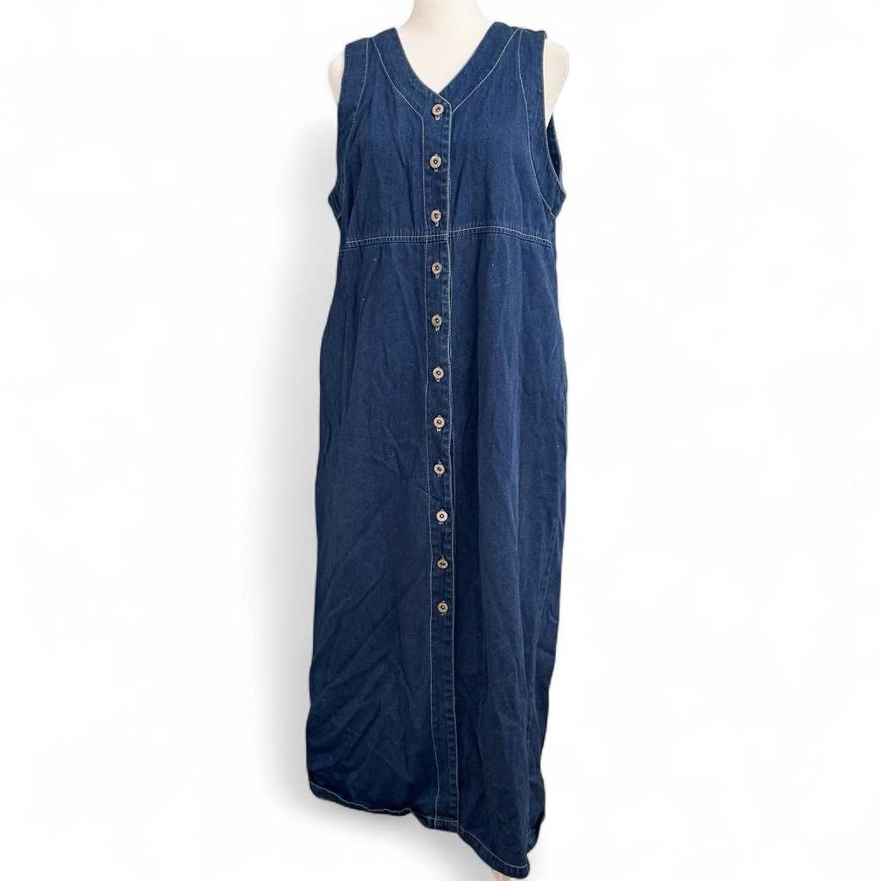 Vintage 90s Bill Blass Denim Maxi Dress Button Front Classic Blue