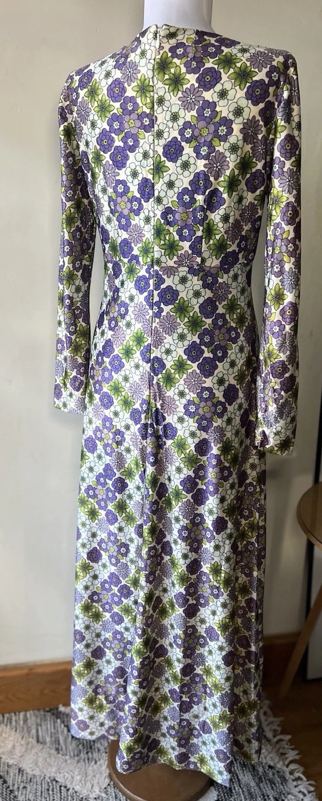 Vintage Empire Waist Maxi Dress Long Sleeve Floral Purple Green White 70s