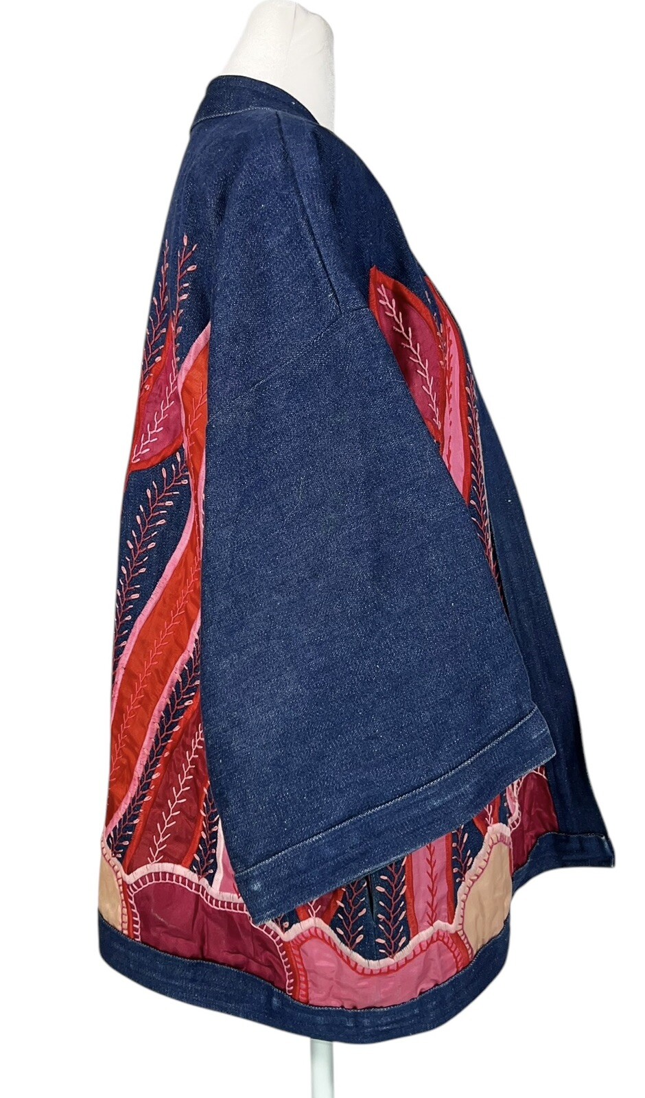 Vtg Judith Roberts La Coleccion Fiber Art Denim Kimono Coat Satin Snake Plants L
