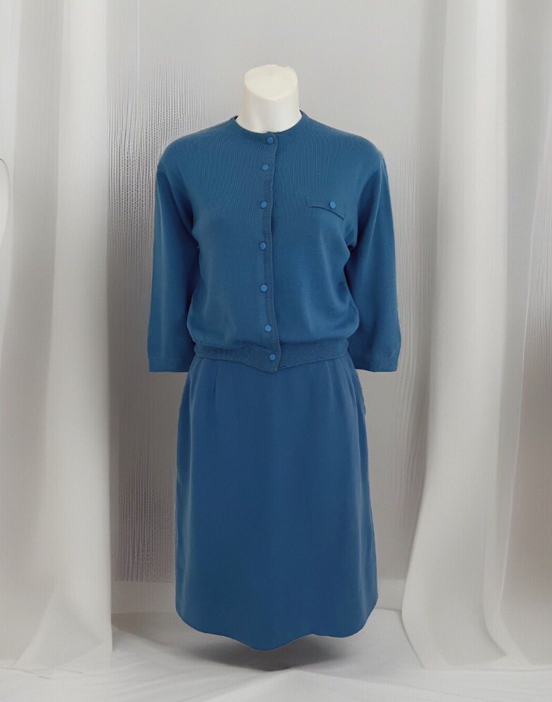 Vintage JANTZEN Sweater &Wool Bl. Skirt Set Sz M/L Blue Button Up Cardigan 1960s