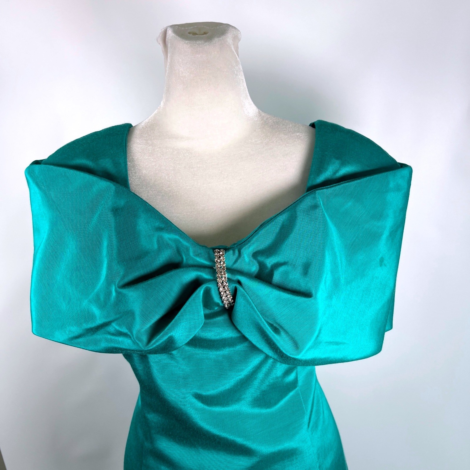 Jessica Howard Vintage Teal Green Bow Rhinestone Cocktail Dress Size 12 80s 90s