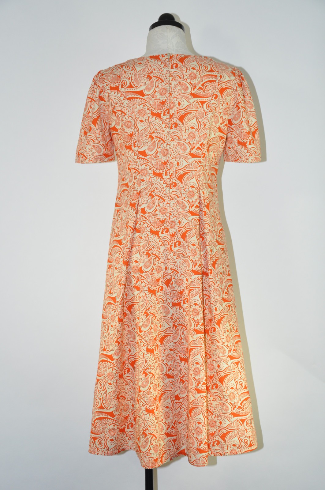 60s Vintage Orange Cream Cotton Floral Pleated Full Skirt Midi Day Dress Women S