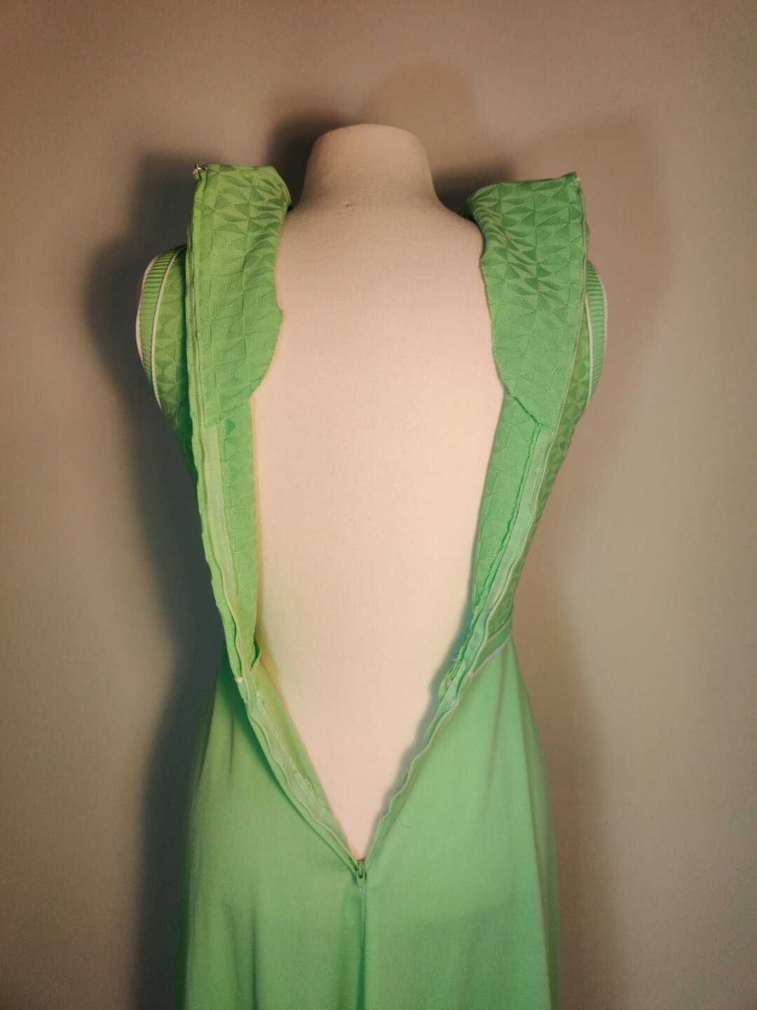 Vintage 60s 70s Maxi Hostess Dress Sz Small White Mint Green V-neck Collar
