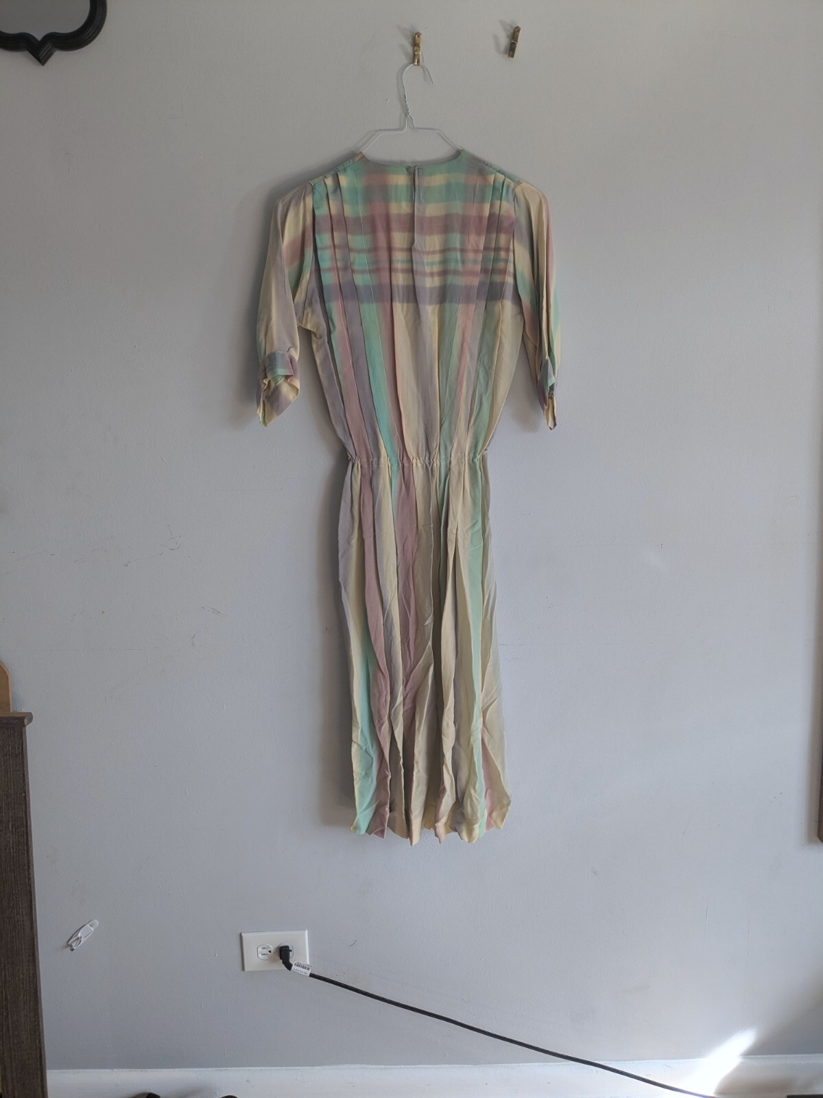 vintage handmade 70s dress midi muted pastel plaid XS / S /M Blouson cottagecore