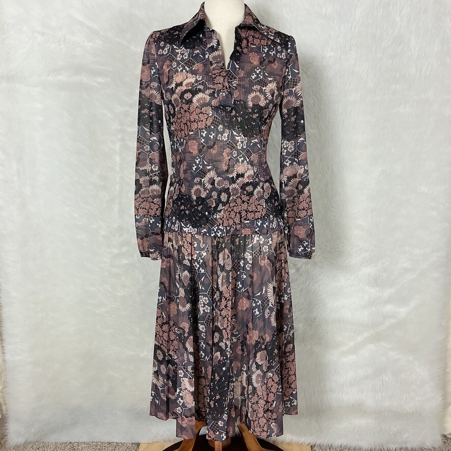 Vintage 70s Pink, Gray Ivory Psychedelic Micro Pleat Top & Skirt Set