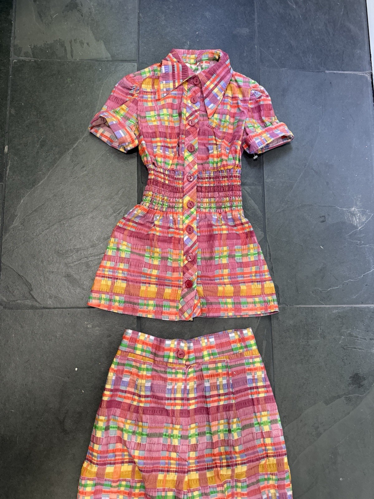 RARE Vintage 1970s Two Piece Set Bell Bottom And Top Bright Colorful Plaid SZ XS