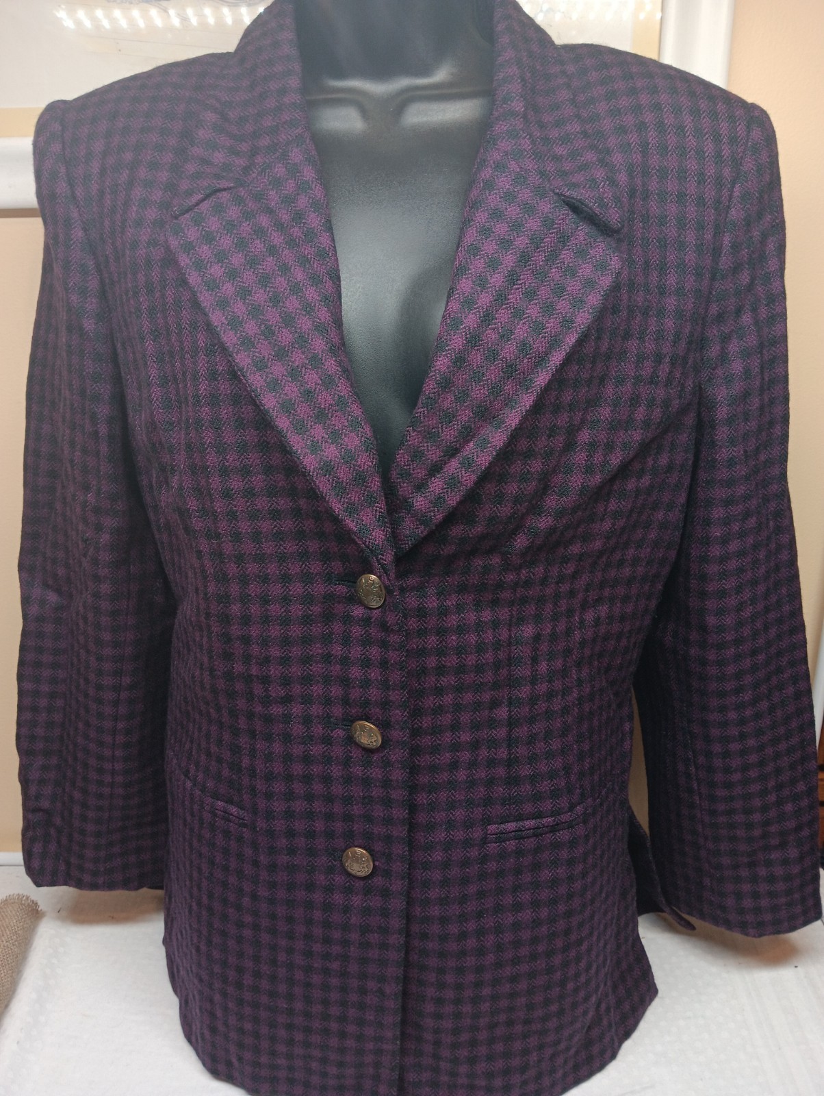 Kasper For ASL Vintage 80s Women’s Wool Gingham Blazer Jacket Size 12 Large L