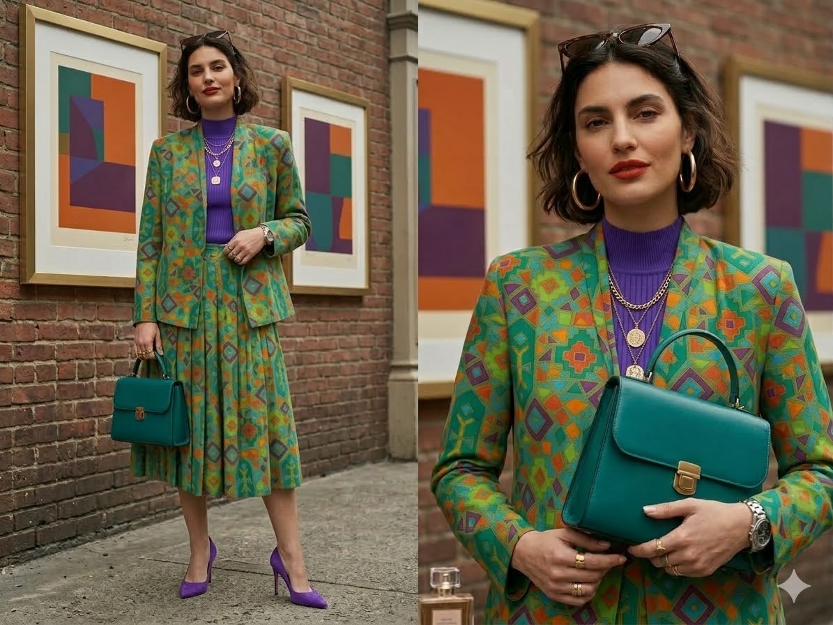 Retro 90s Geometric Print Set Deadstock NWT Art Eclectic Grandma Blazer Skirt M