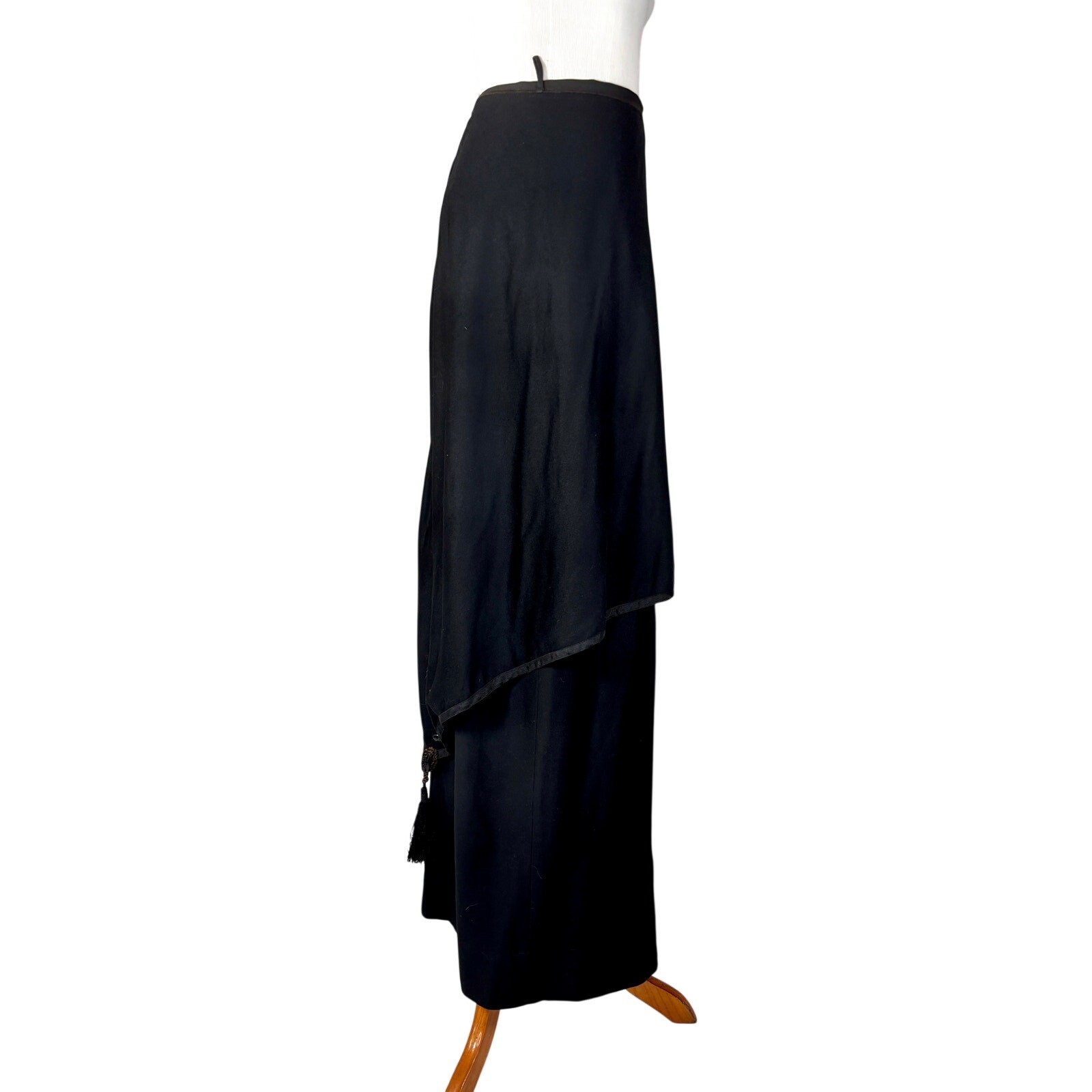 Antique Edwardian Black Wool Mourning Walking Skirt Jet Beads Tassels Tiered