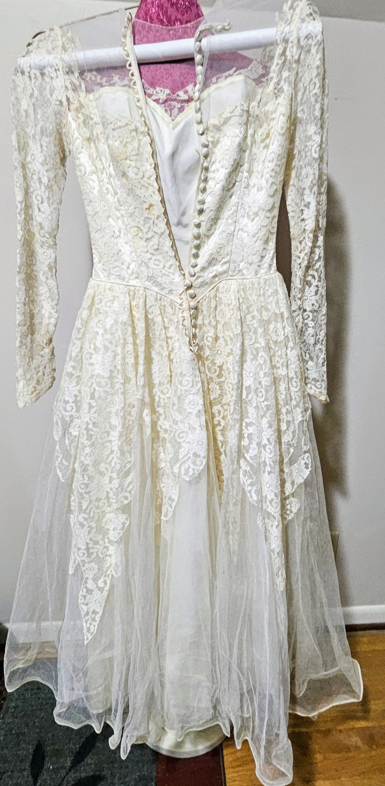 Vintage 50s Maurer Wedding Dress Tulle Lace Button Up Cottage Core
