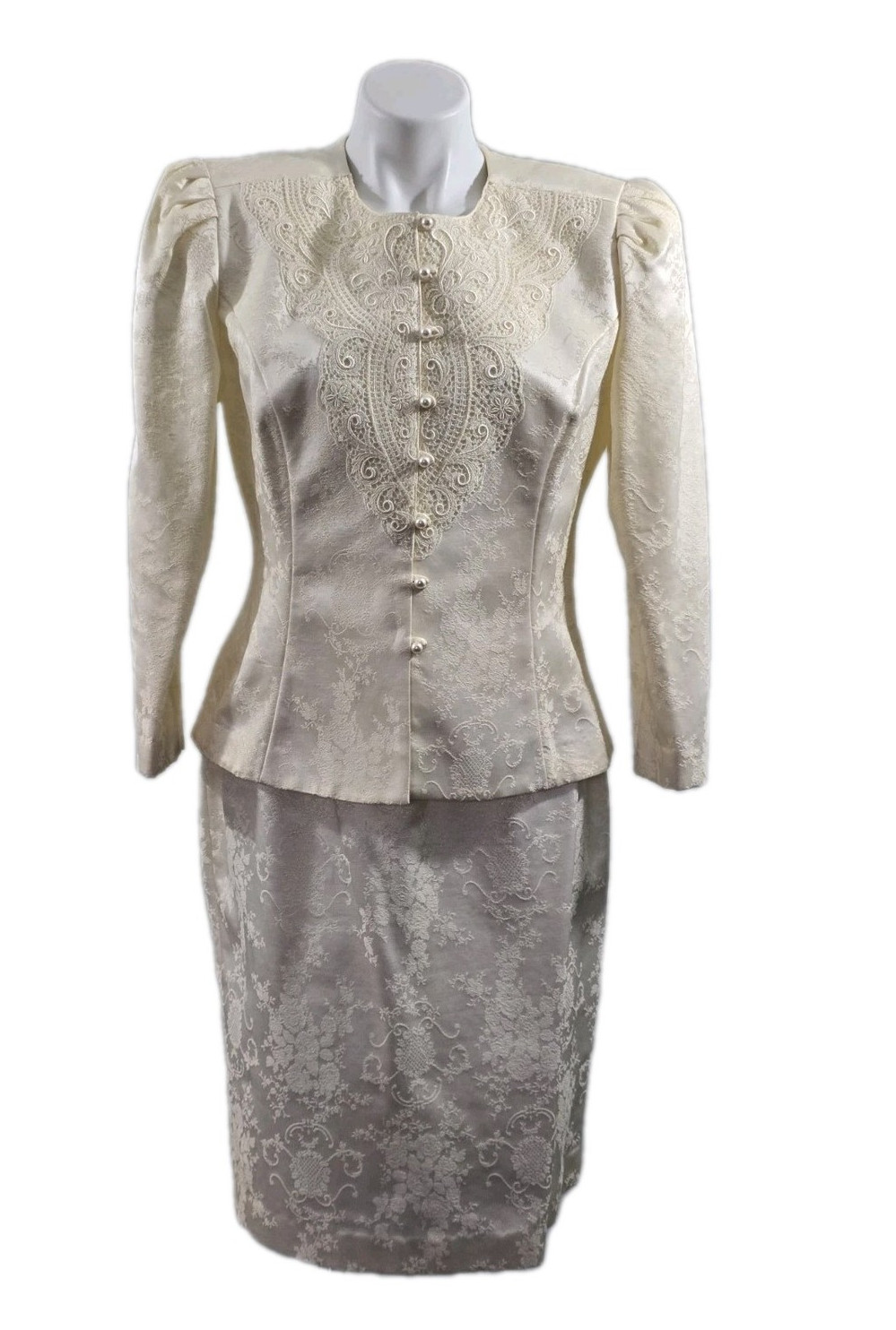 Vintage 1980s Nah Nah Petite Brocade Skirt Suit Ivory Bridal Cottage core