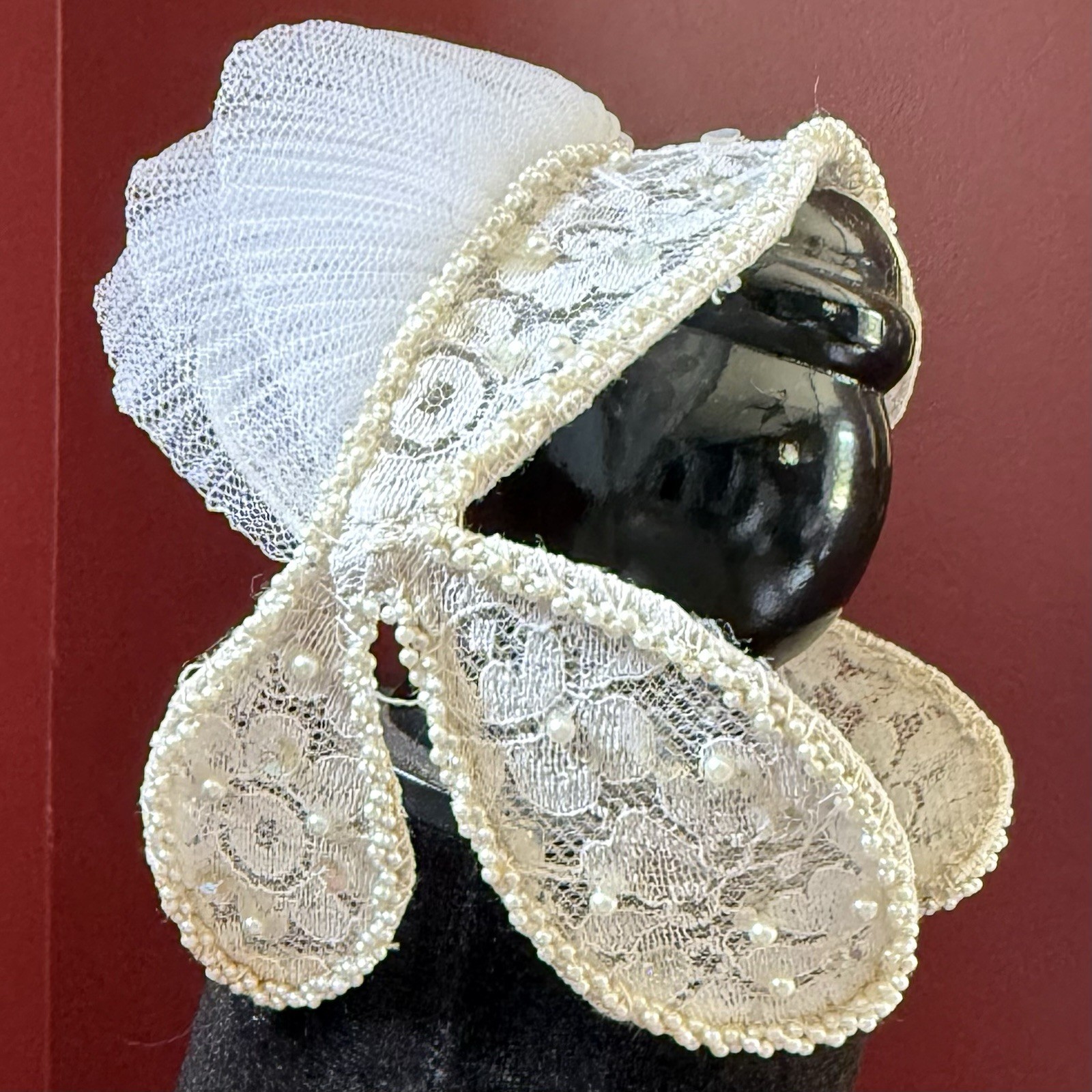 VTG 50s MCM Ivory Cupcake Accordion Tulle Lace Satin Wedding Dress & Headpiece