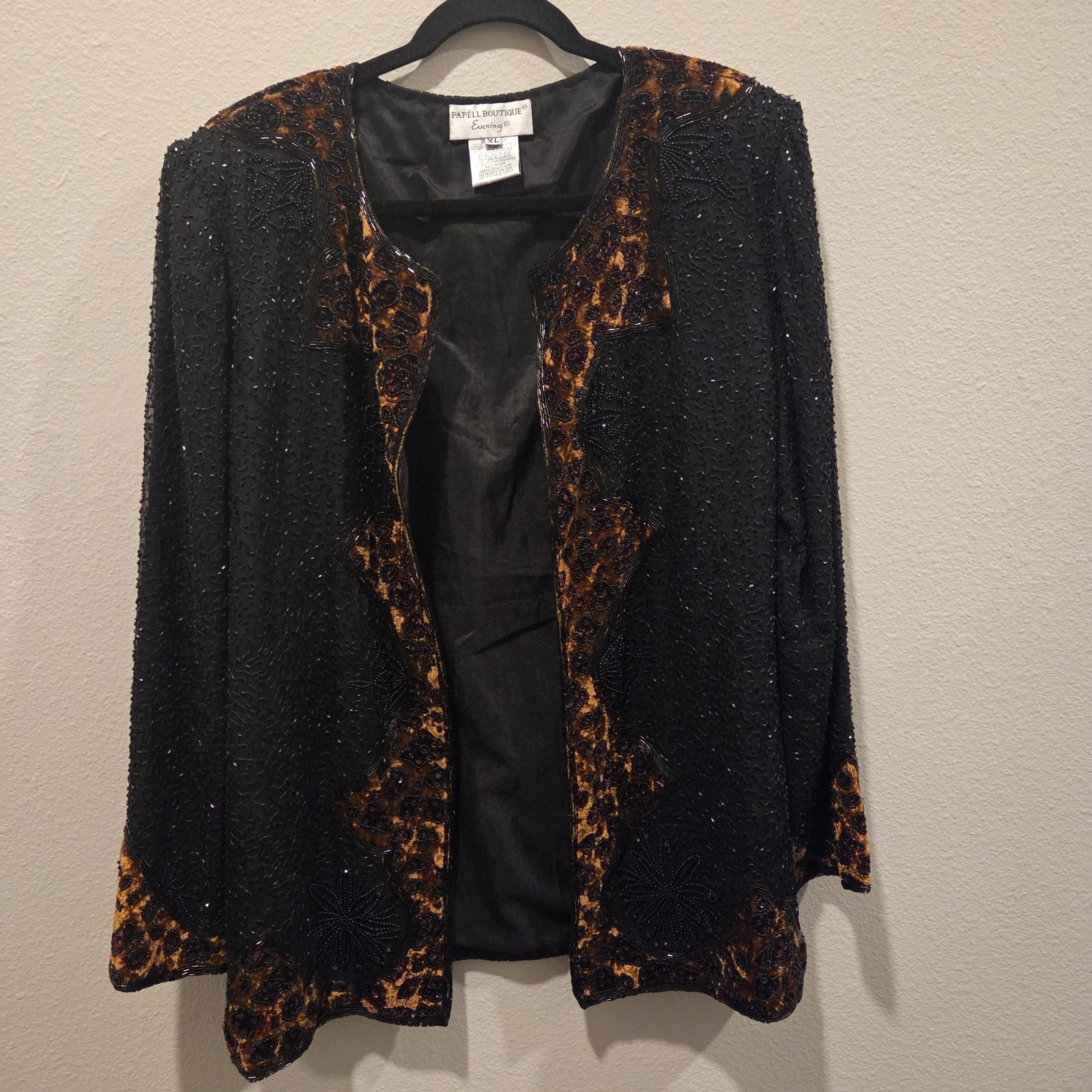 Vintage Papell Boutique Evening Black Silk Beaded Jacket XL Animal Print Sequin