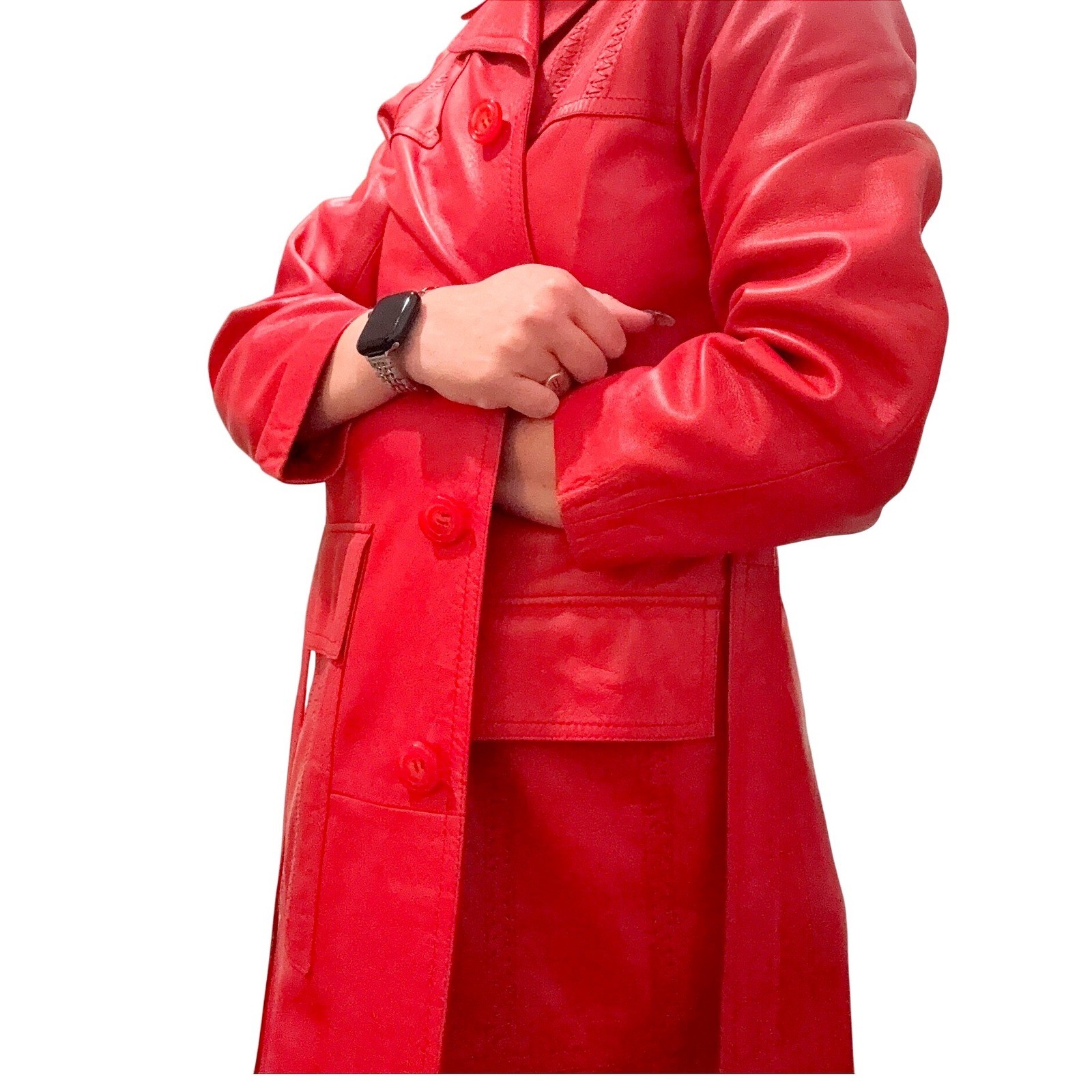 Leda Spain by Gropper Belted Leather Trenchcoat S Red — Excellent